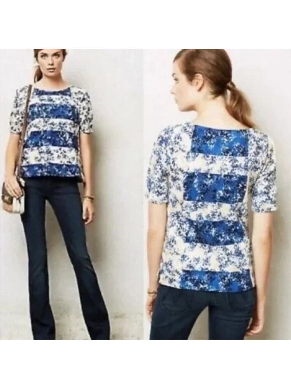 Anthropologie Postmark Floral Striped Textured Top, size L